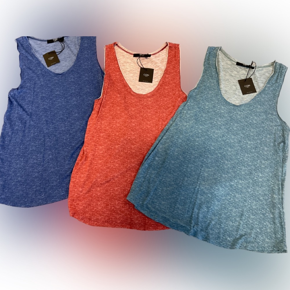 COIN1804 bundle of three scoop neck tanks in indigo, brick, dusty blue.